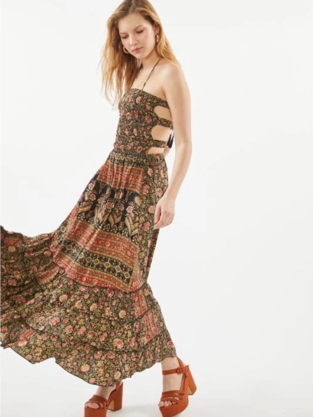 Raga Bohemian Floral Cutout Maxi Dress - Olive & Rust